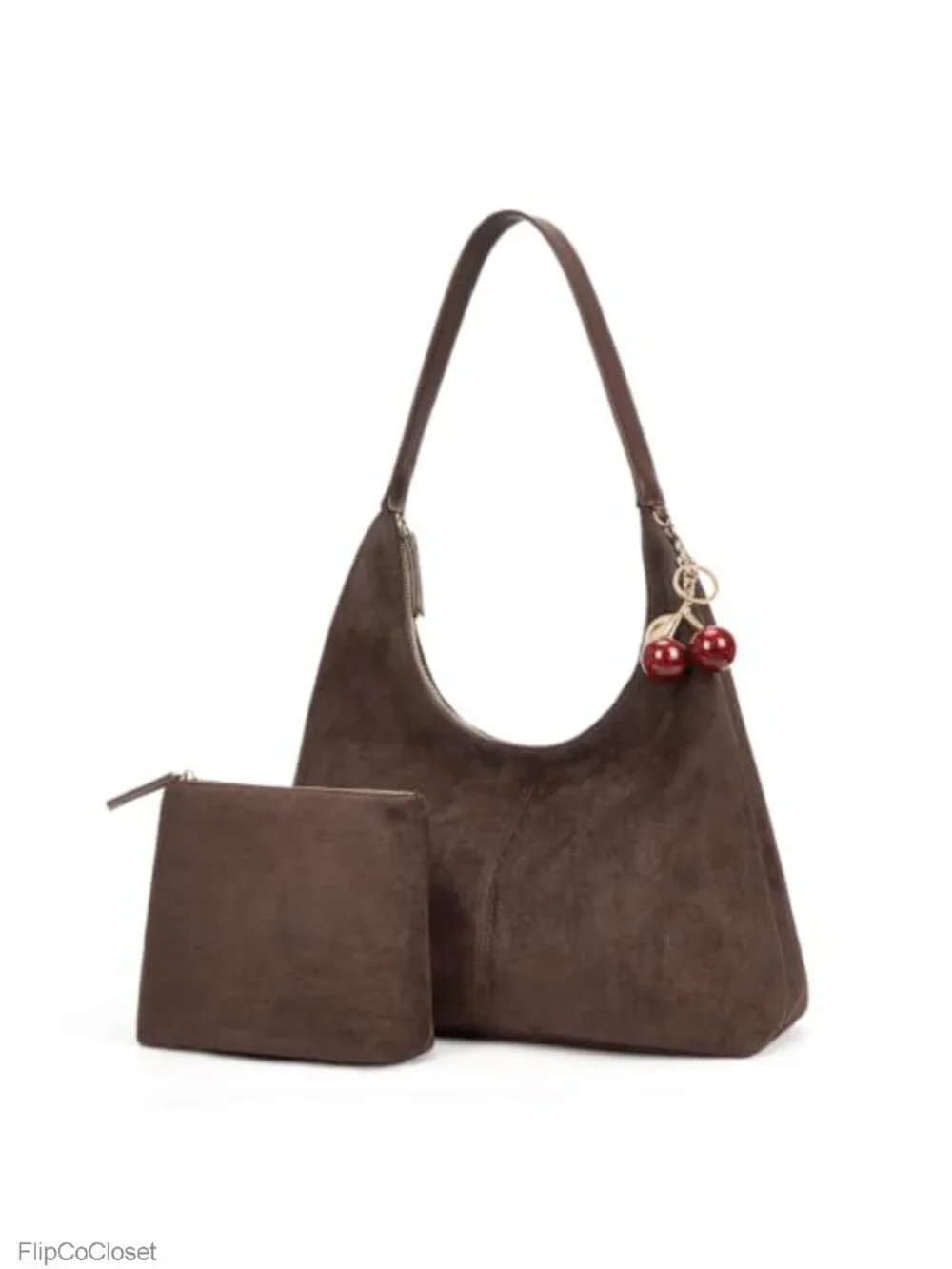 Faux Suede Slouchy Hobo Bag with Pouch Wide Strap Shoulder Purse
